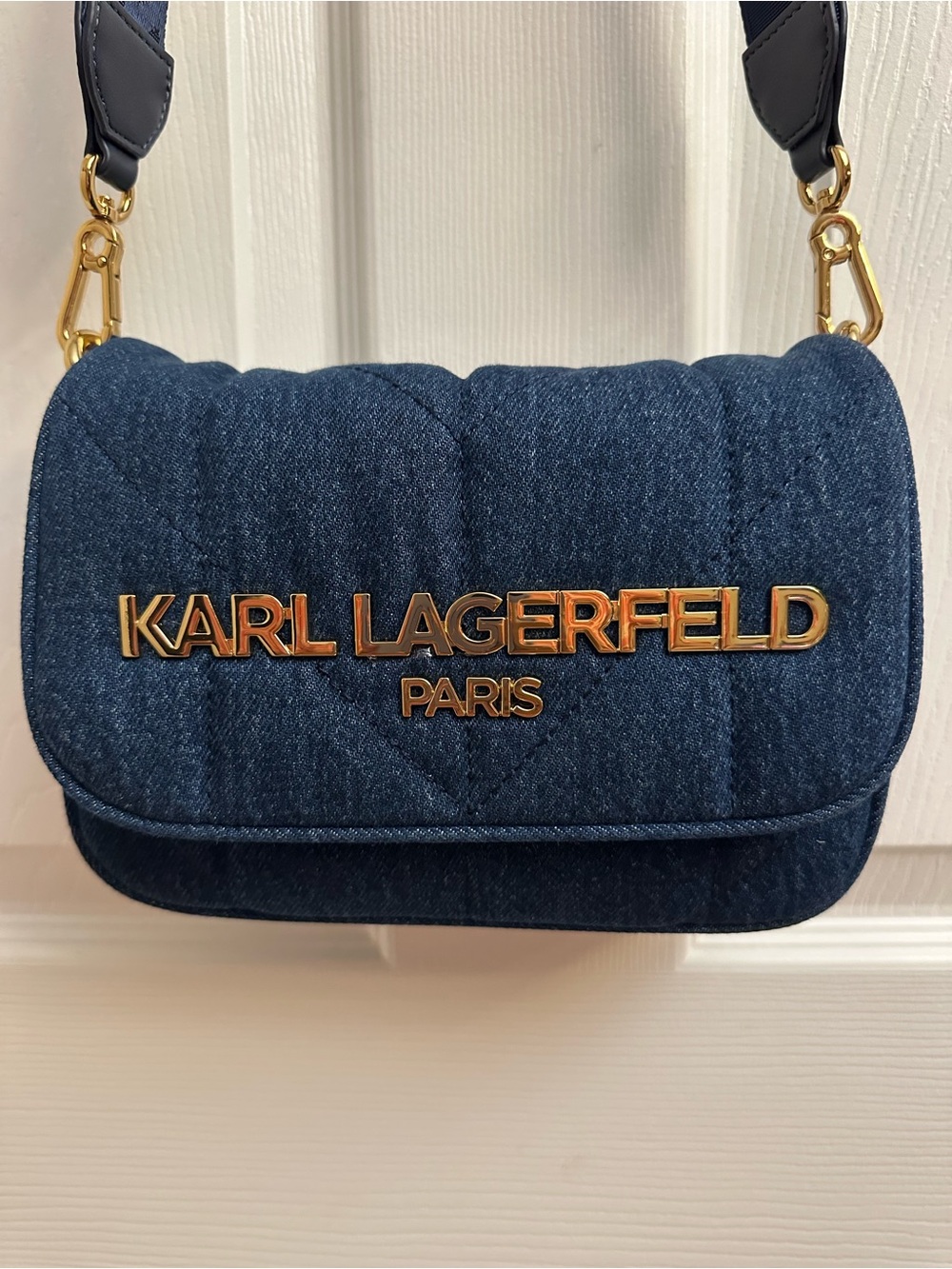 Karl Lagerfeld Quilted Dark Blue Denim Crossbody with Gold Logo - Picture 12 of 16
